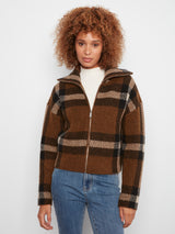 Plaid Jacquard High Collar Zip Cardigan Coffee