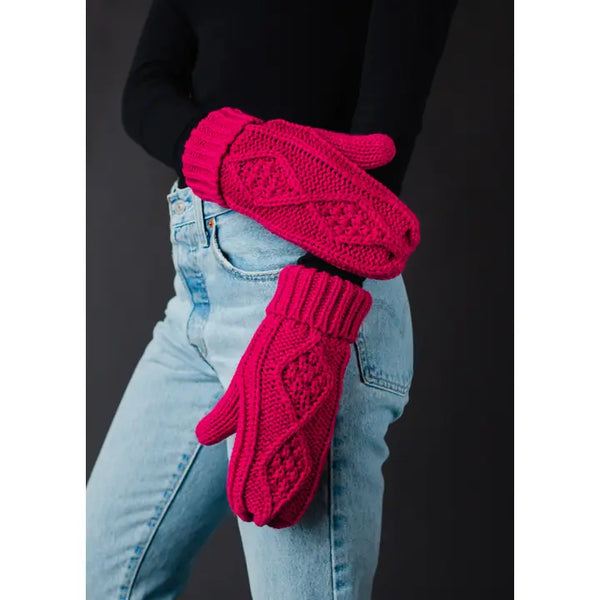 Cable Knit Mittens Bright Pink