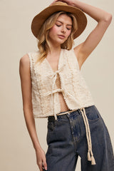 Embroidered Lace Tie-front Vest Ecru