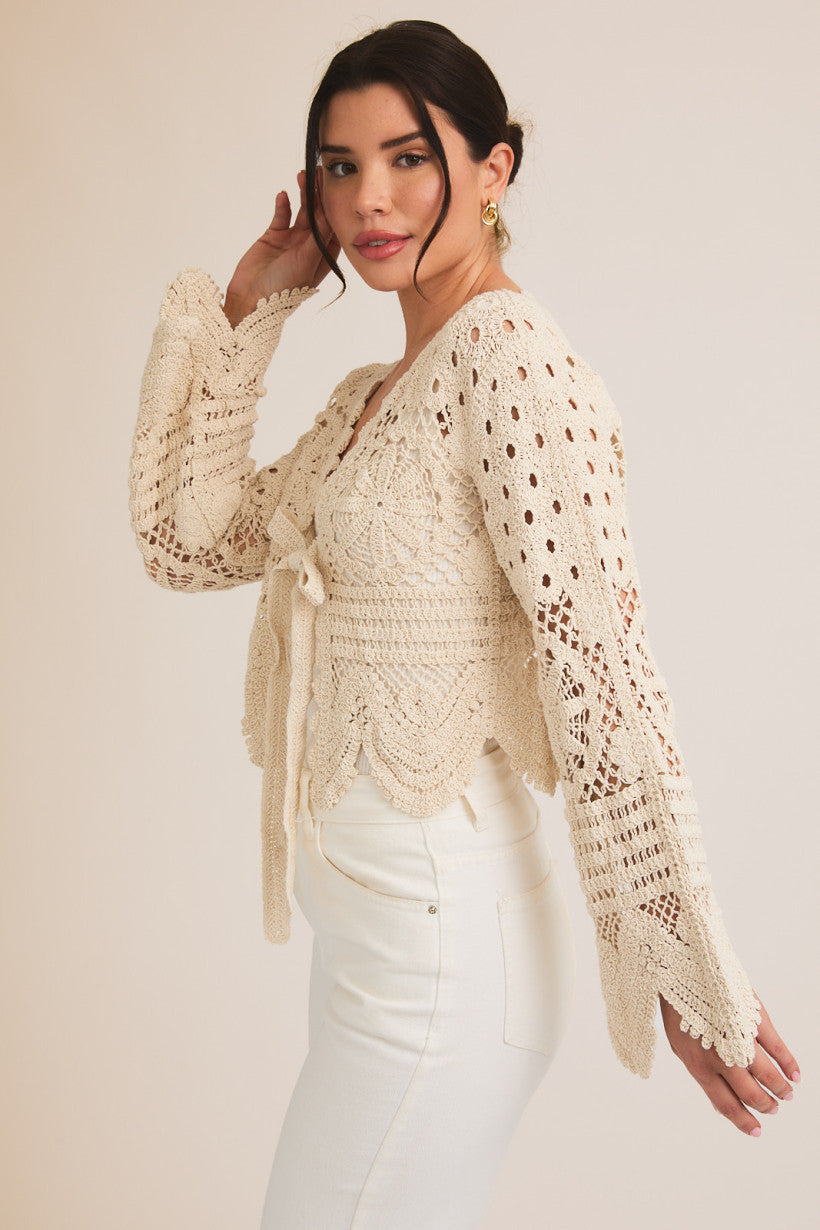 Scallop Hem Tied Crochet Cardi Natural
