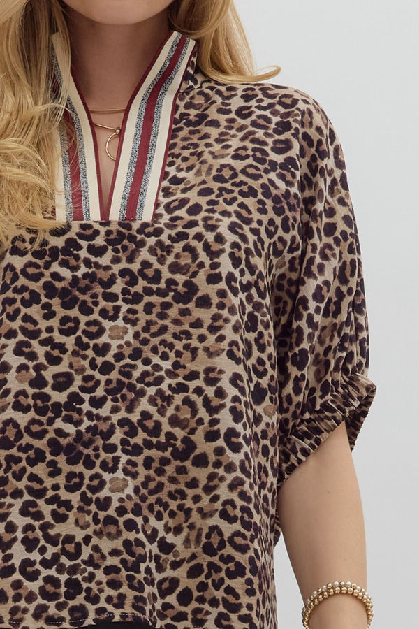 Leopard High Neck Stripe Accent Dolman Top Wine Mocha
