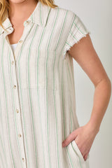 Frayed Edge Stripe Shirt Dress Oatmeal + Mint