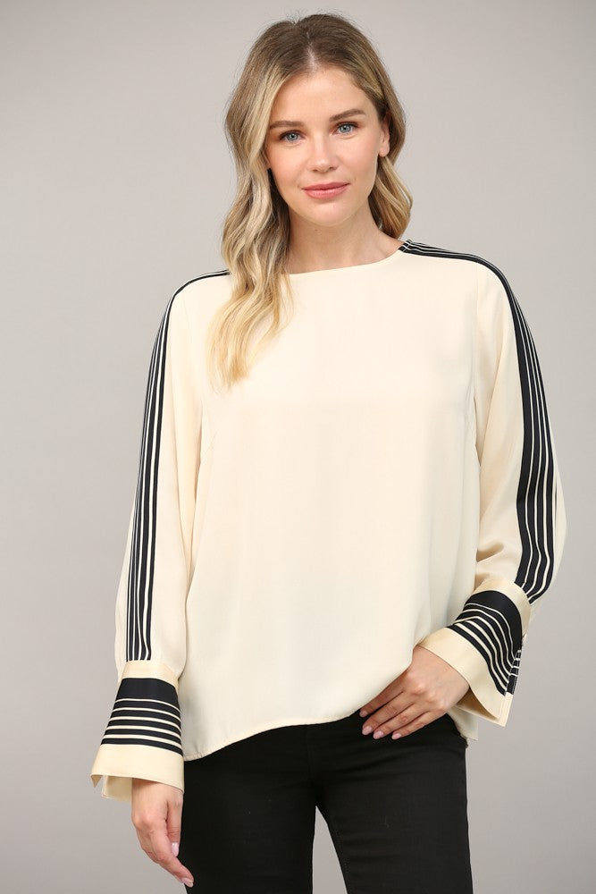 Contrast Stripe Detail Bell Sleeve Blouse Ivory