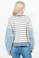 Frayed Denim Puff Sleeve Striped Sweater Grey