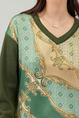 Mix Print Woven Combo Sweater Top Olive Multi