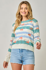 Stripe Chevron Knit Embroidered Flower Sweater Seafoam Combo