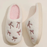 Cozy Bow Embroidered Plush Slippers Pink