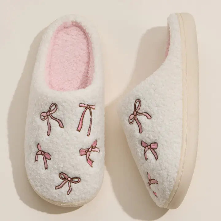 Cozy Bow Embroidered Plush Slippers Pink