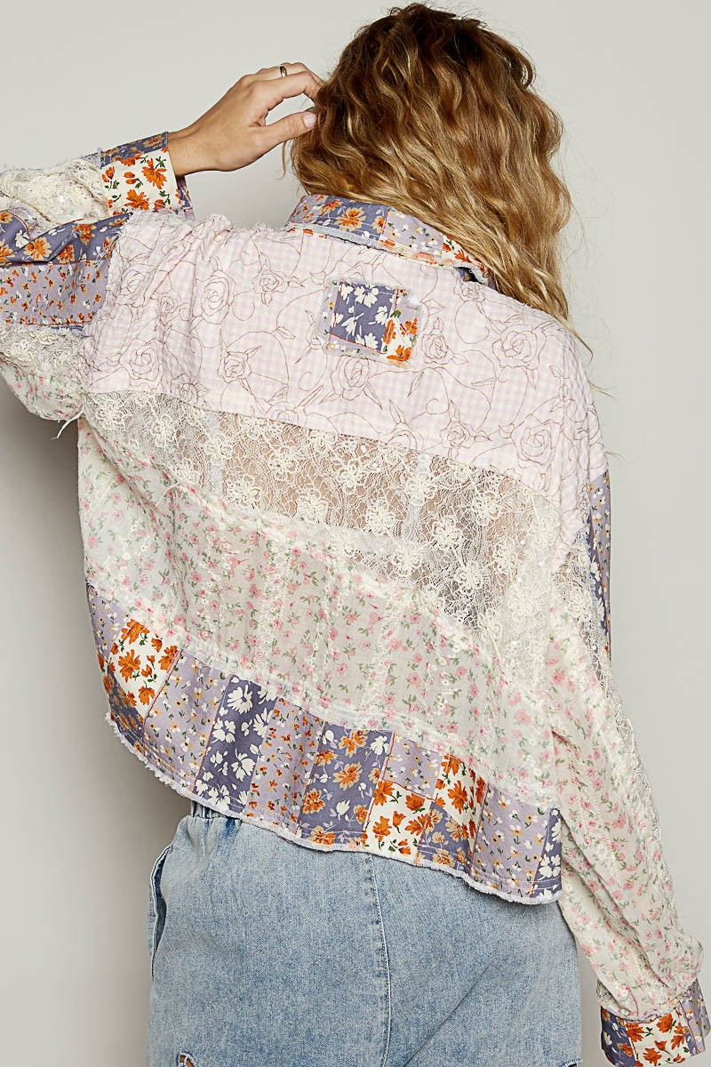 Cropped Mix Print Crochet Button Down Jacket Lavender Multi