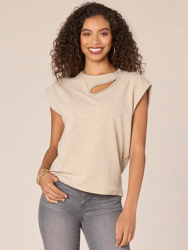 Cap Sleeve Crystal Cut Out Knit Top Heather Oatmeal