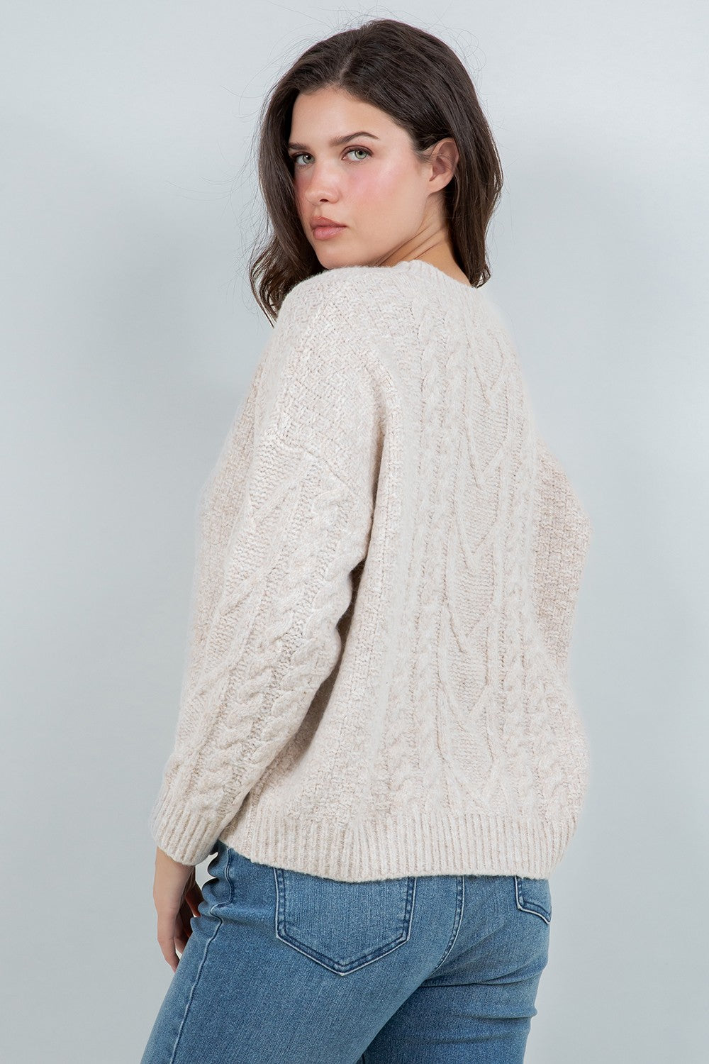 Classic Cable Knit Pullover Sweater Taupe