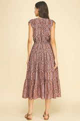 Bohemian Leaf Print Tiered Midi Dress Brown + Pink