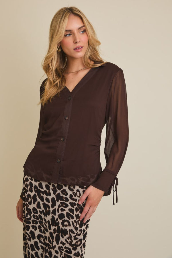Collared Vneck Tie Wrist Long Sleeve Button Up Chocolate