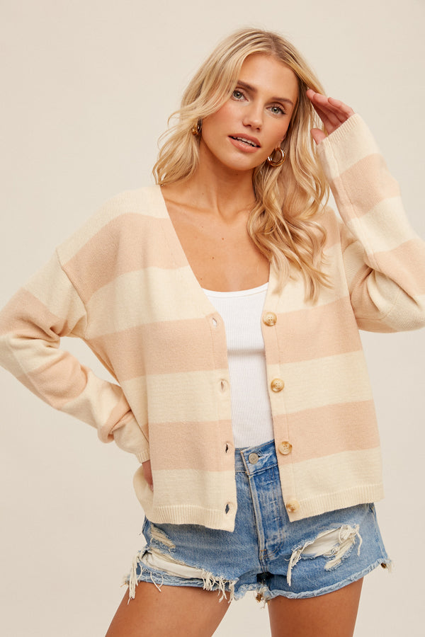 Button Down Stripe Relaxed Cardi Cream + Blush