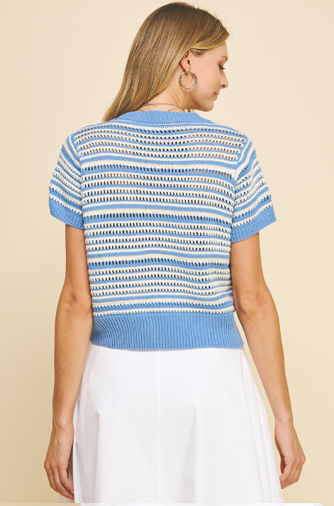 Open Knit Stripe Short Sleeve Sweater Top Blue + Ivory