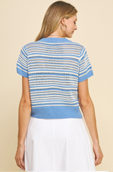 Open Knit Stripe Short Sleeve Sweater Top Blue + Ivory