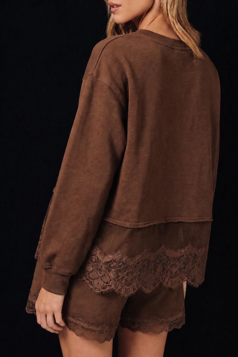 Round Neck Lace Trim Hem Sweatshirt Brown