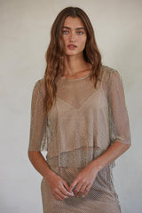 Bellamy Fishnet Crystals Top Taupe