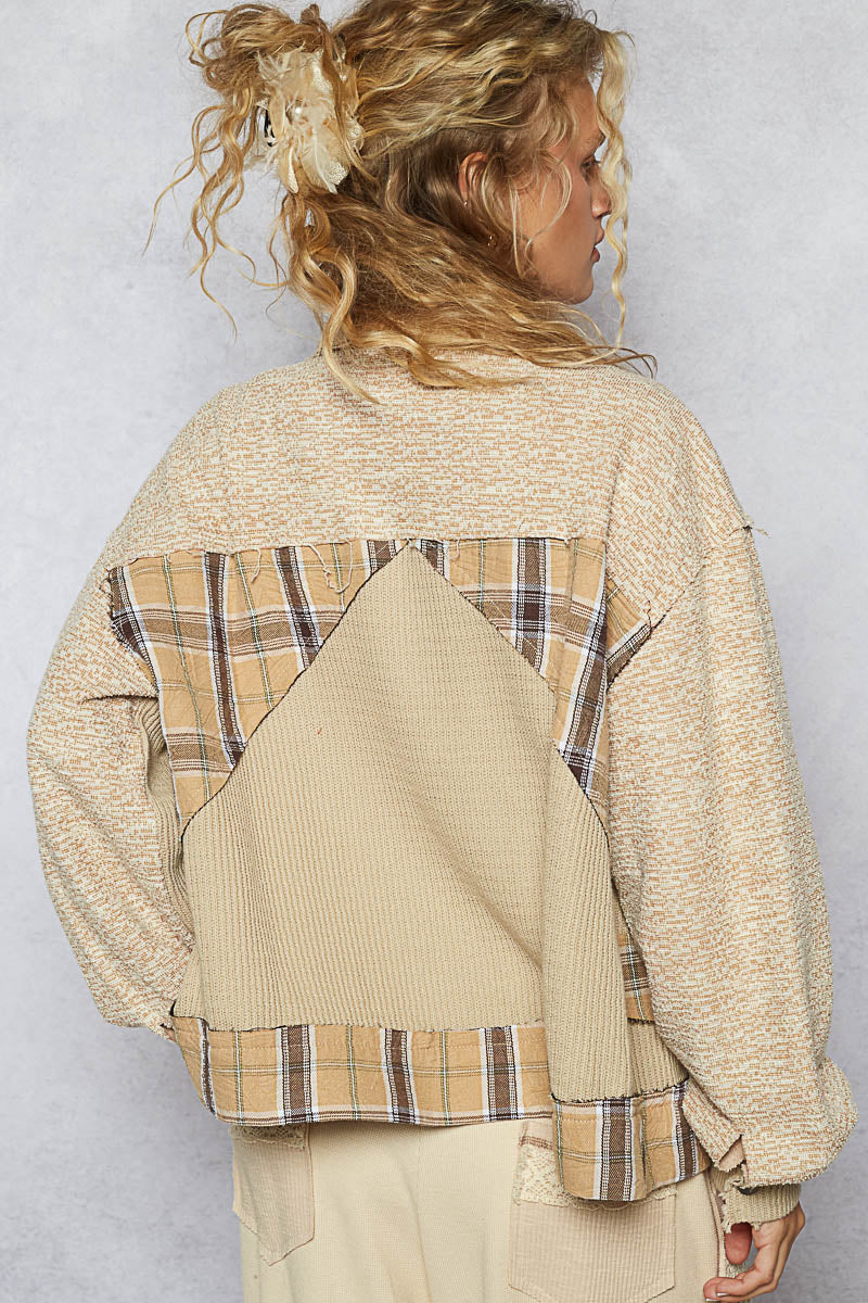 Textured Knit Plaid Contrast Jacket Sand