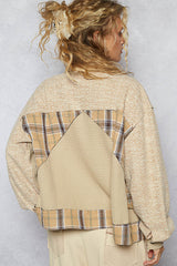 Textured Knit Plaid Contrast Jacket Sand