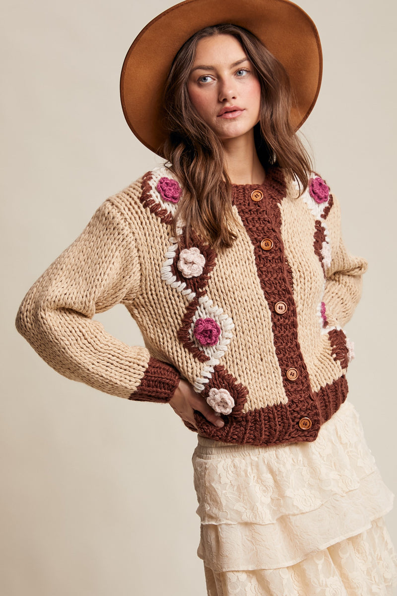 Handmade Crochet Floral Cardigan Tiramisu