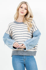 Frayed Denim Puff Sleeve Striped Sweater Grey