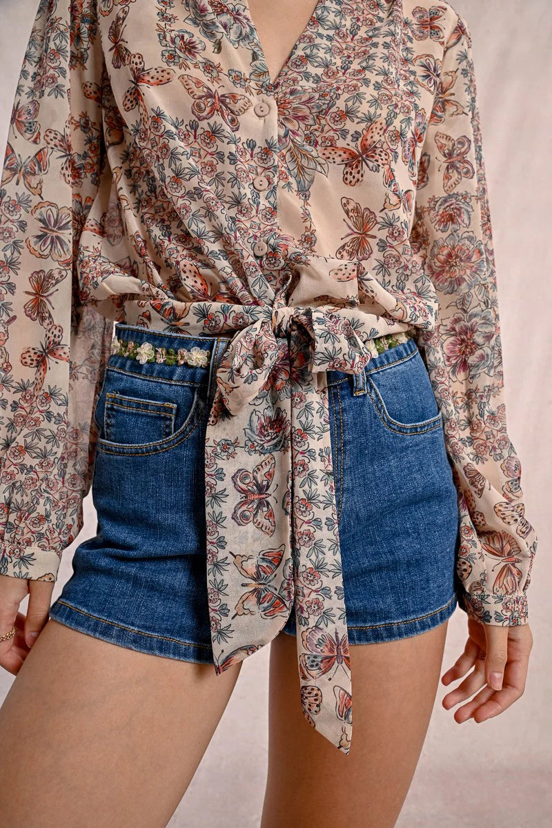 Butterfly Floral Print Tie Waist Long Sleeve Blouse Cream Capucine