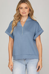 Drop Shoulder Half Zip Top Misty Blue