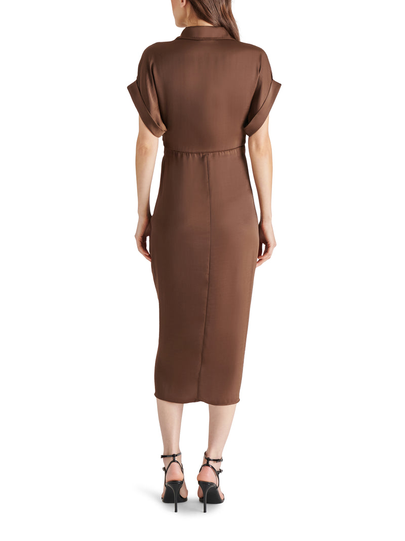 Tori Tie Front Washed Satin Midi Dress Cocoa