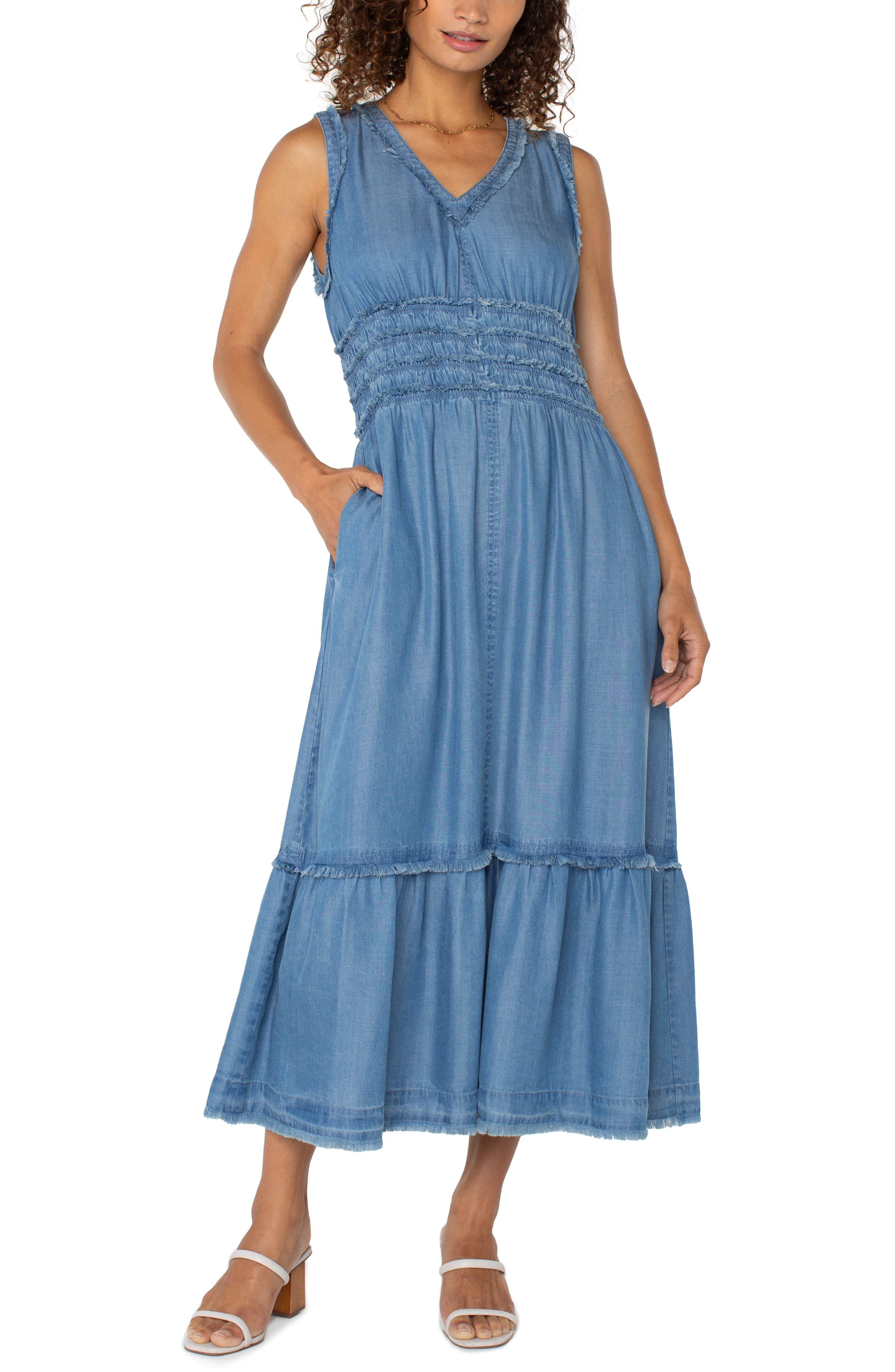 Smocked Vneck Frayed Maxi Dress Delwood