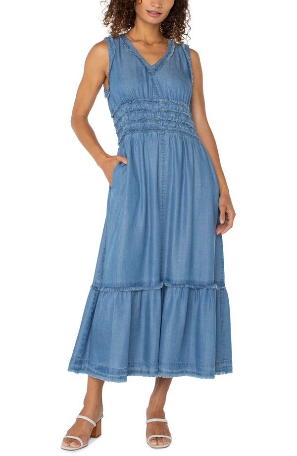 Smocked Vneck Frayed Maxi Dress Delwood
