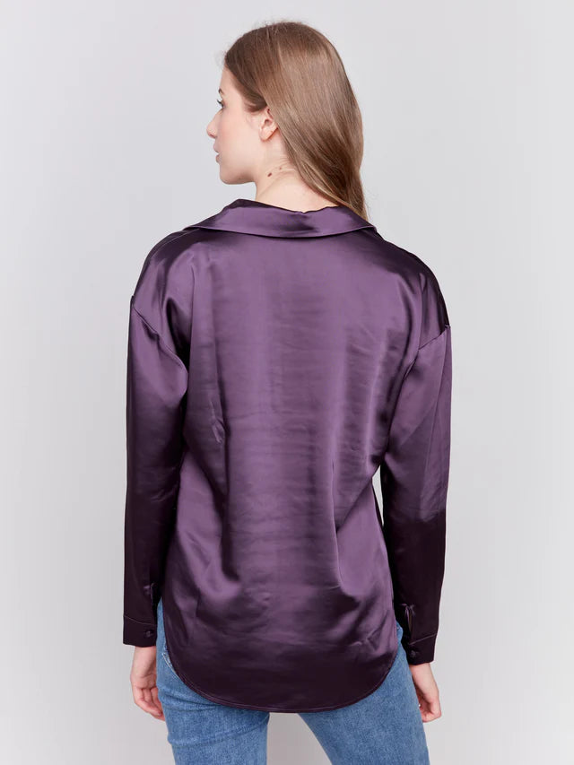 Solid Satin Button Down Long Sleeve Shirt Plum