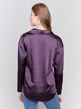 Solid Satin Button Down Long Sleeve Shirt Plum