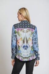 Mixed Print Button Up Rolled Sleeve Shirt Blue Multi