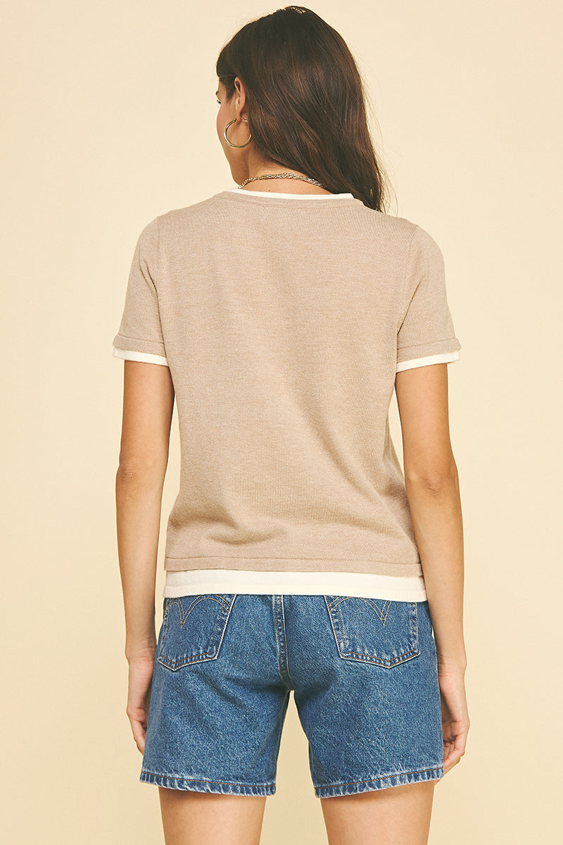 Double Layered Knit Short Sleeve Top Taupe