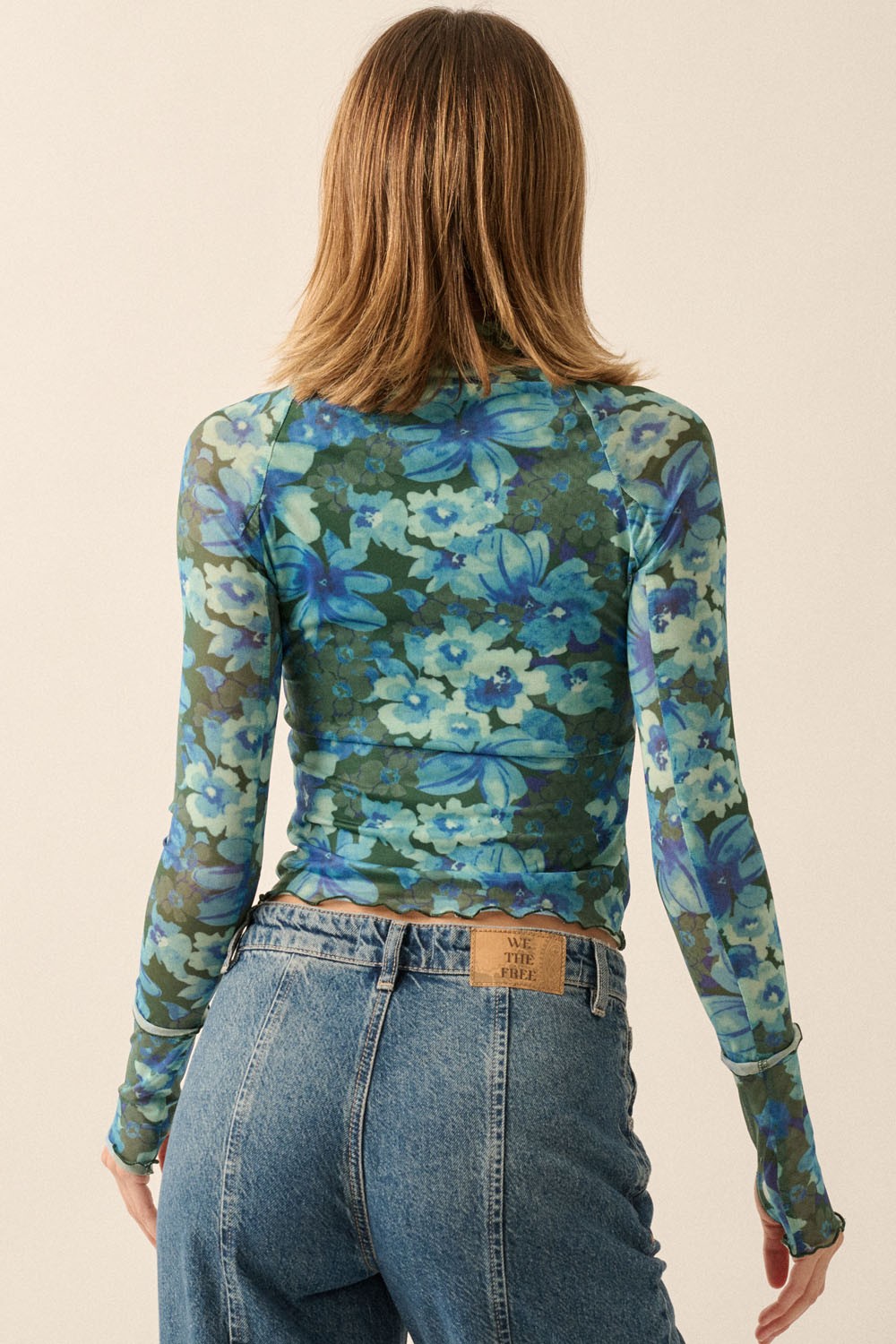 High Neck Lettuce Edge Floral Crop Mesh top Green Blue