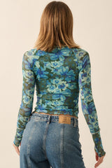 High Neck Lettuce Edge Floral Crop Mesh top Green Blue
