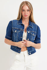 Puffed Short Sleeve Crop Denim Jacket Dark