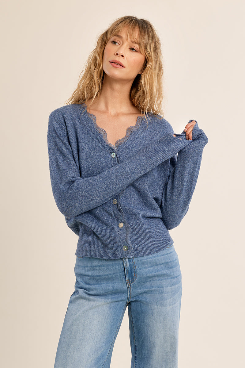 Scalloped Lace Trim Buttoned Cardigan Blue Denim
