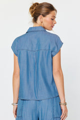 Chambray Cap Sleeve Button Down Top Chambray