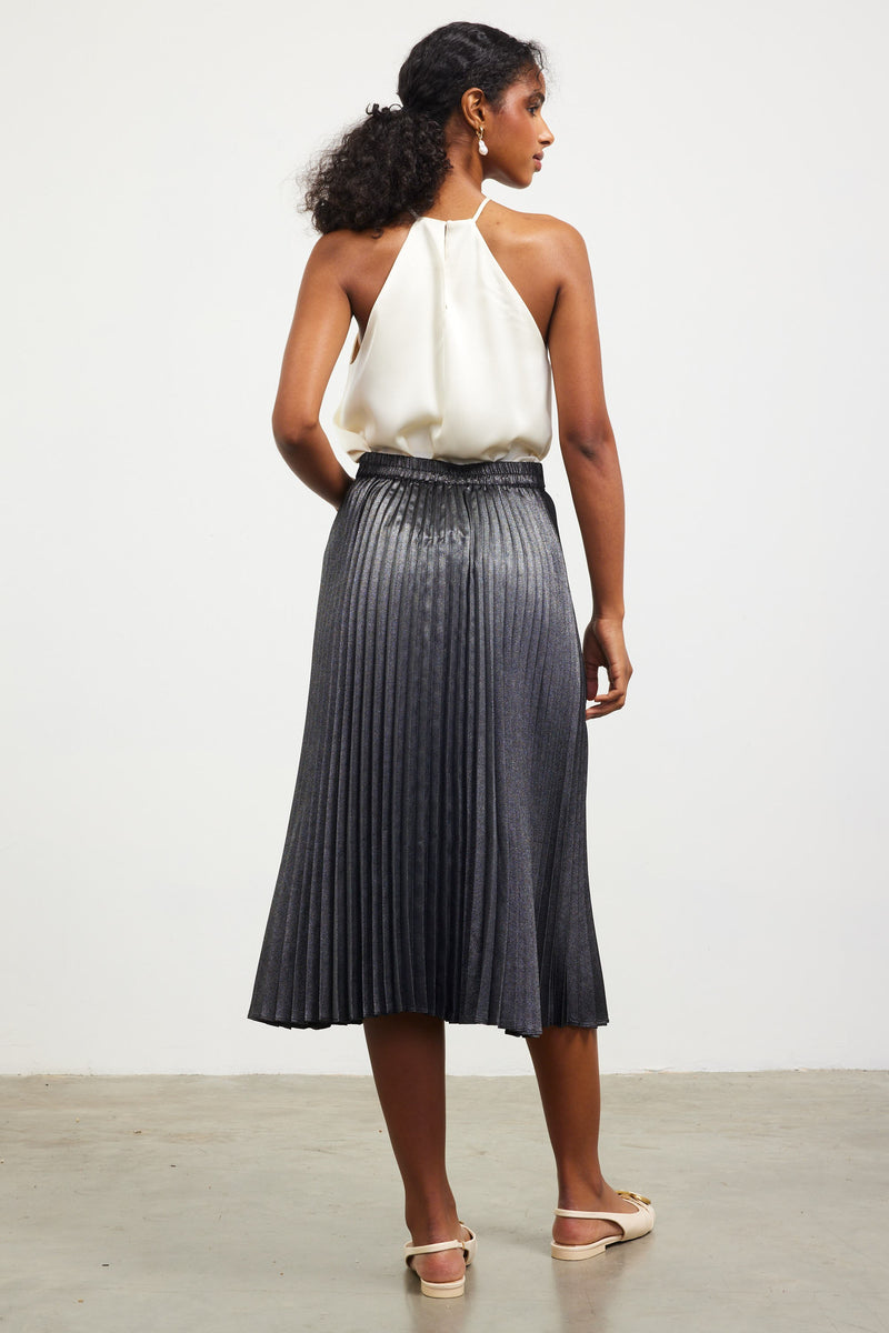 Metallic Pleats Midi Skirt Black