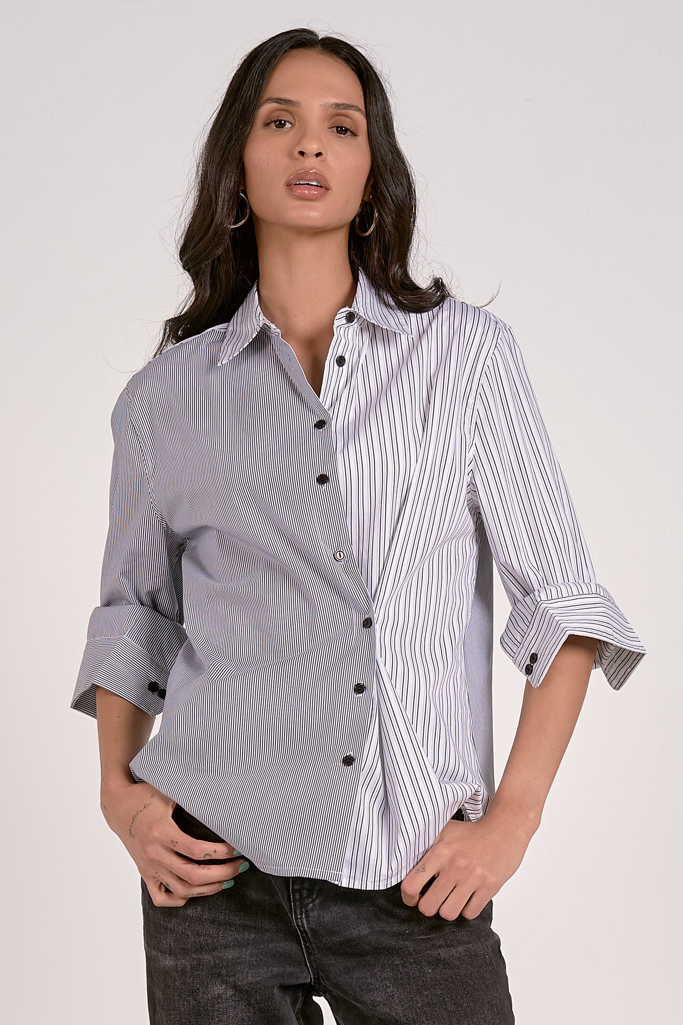 Mixed Stripe Crossover Button Down Shirt Black Stripe