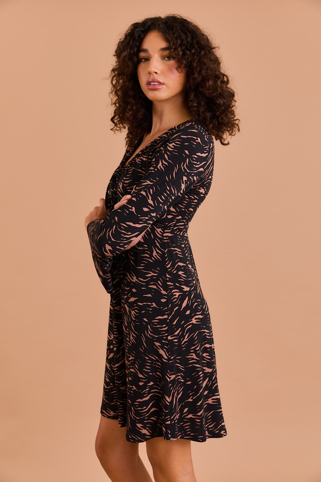 Ruched Neck 3/4 Bell Cuff Sleeve Abstract Mini Dress Black + Cream