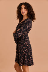 Ruched Neck 3/4 Bell Cuff Sleeve Abstract Mini Dress Black + Cream