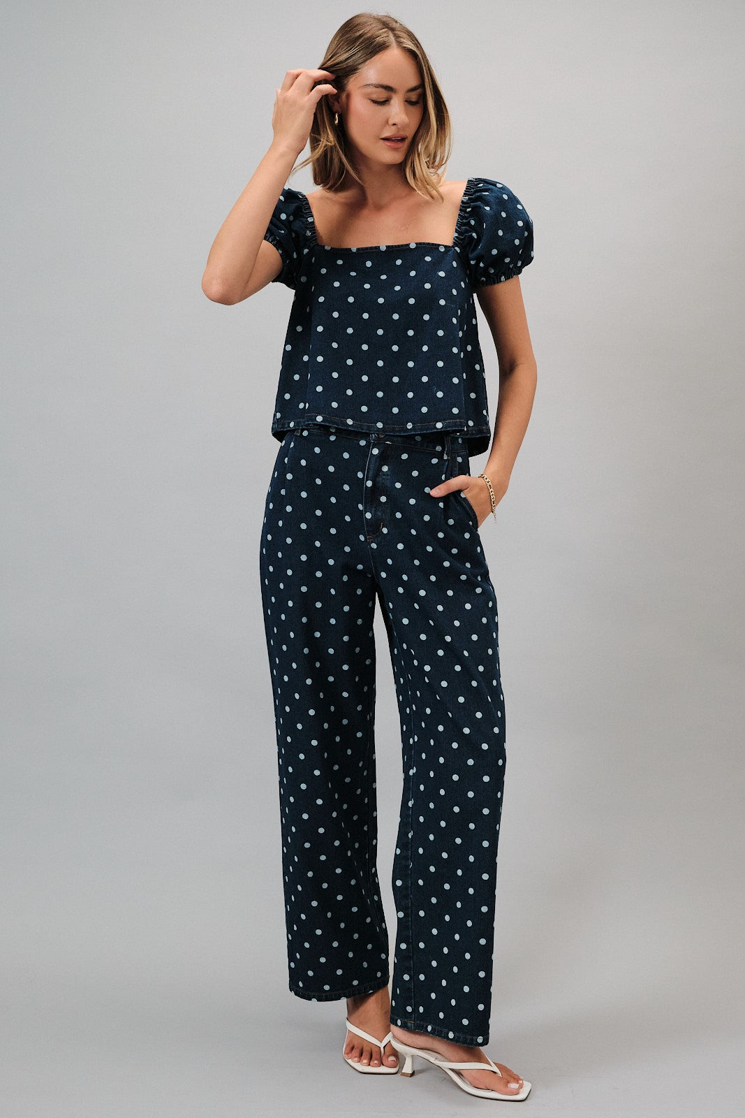 Polka Dot Bubble Off Shoulder Top Denim White