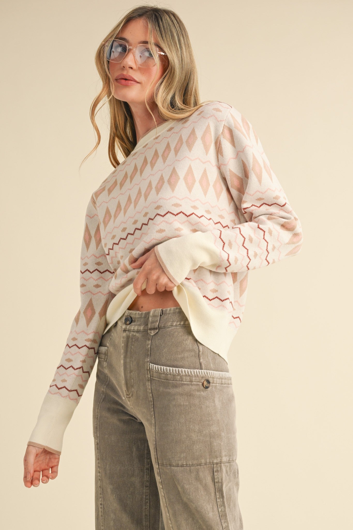 Geometric Knit Long Sleeve Sweater Cream Multi