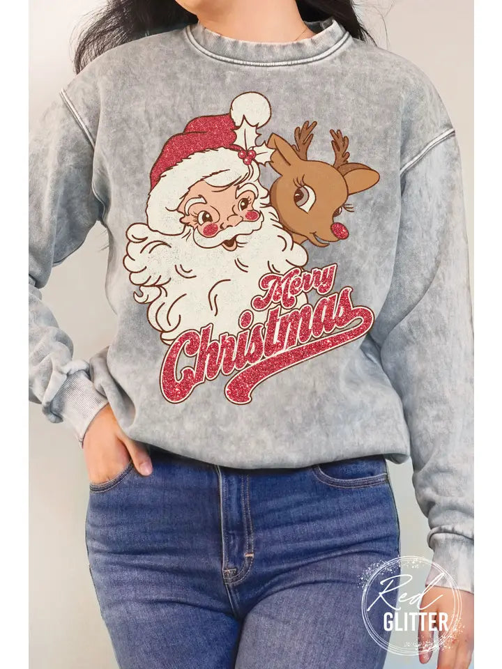 Merry Christmas Santa Glitter Mineral Sweatshirt Grey