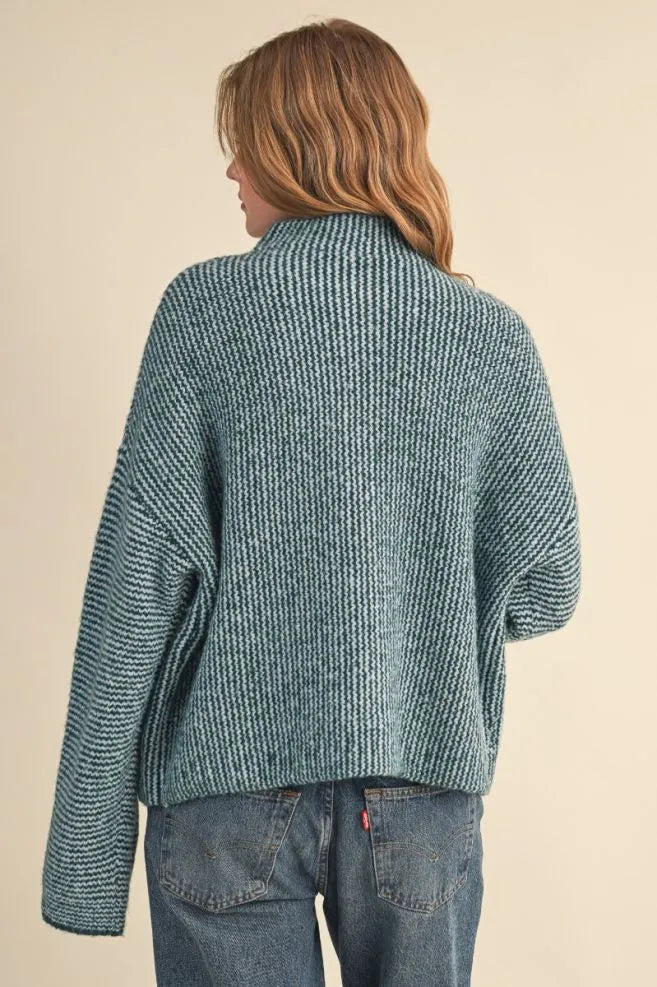 Colored Buttons Two Tone Mock Neck Cardi Green Blue