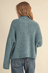 Colored Buttons Two Tone Mock Neck Cardi Green Blue