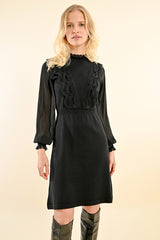 Ruffle Mock Neck Embroidered Front Dress Black